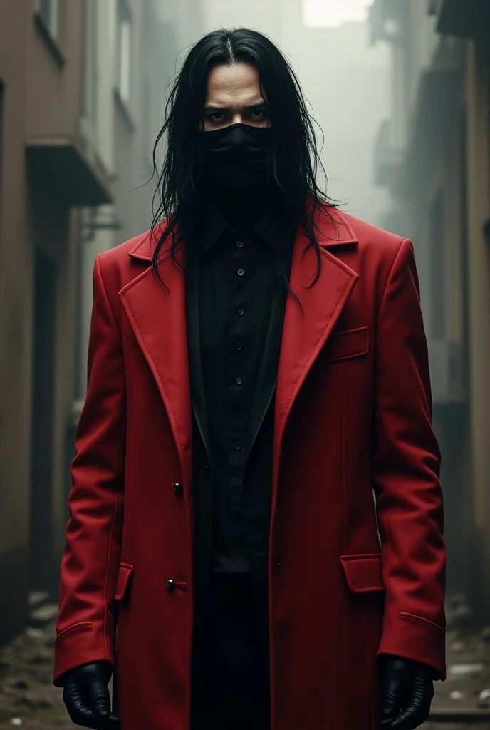  Can you make me a character with black hair, quite tall, black mask, Red jacket that looks like a human monster  