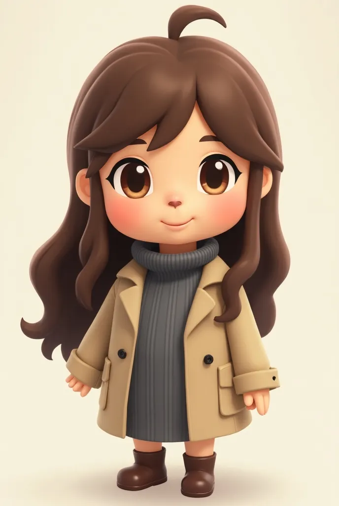  I would like to create a Keko from Animal Crossing girl who has very long wavy and brown hair without animal ears, her little face that is with big eyes and smile ,  and her clothes are with a gray turtleneck dress and a beige trench coat and boots ,  put a normal villager's nose , No from snimsl 