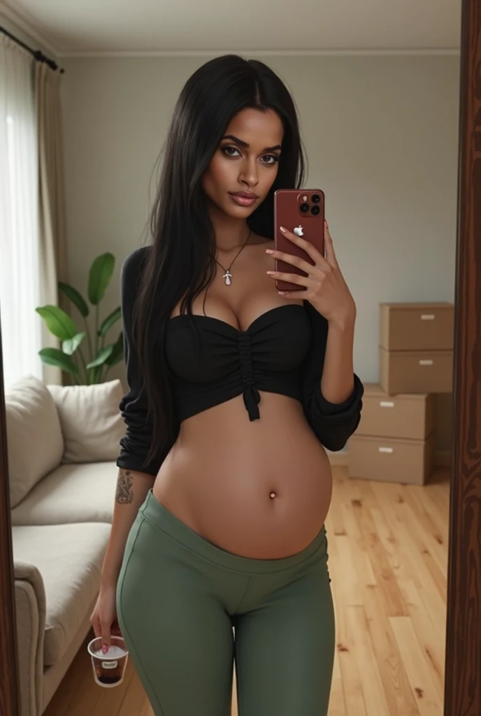 model 24 Years old with very long straigh Black hair, lip gloss on thin lips, white textured skin, eyes, upturned nose, skin.  pregnant is taking a selfie in front of the mirror . She wears a short black blouse ,  that reveals the upper part of her belly ,...