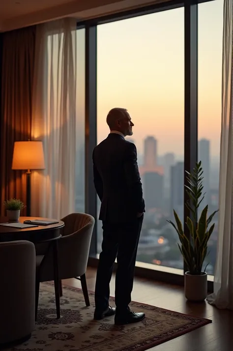 Generate a photo of a businessman in a luxurious high-rise building at dusk