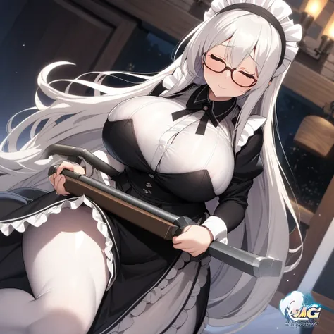 Anime, well detailed, maid, Chubby, maids couple, 1 woman, milf, big Breasts, curvy, , white hair, long long long hair, close eyes, glasses, large war-hammer in hands,  Paladins Night logo imprint