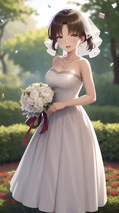 masterpiece, best quality, highres, girl, kiyotaka ayanokoji, wedding dress, strapless, necklace, white dress, garden, standing, cowboy shot, holding bouquet, open mouth, smile, confetti,