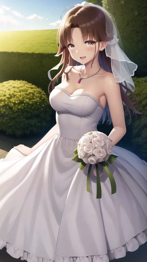 masterpiece, best quality, highres, girl, kiyotaka ayanokoji, wedding dress, strapless, necklace, white dress, garden, standing, cowboy shot, holding bouquet, open mouth, smile, confetti,