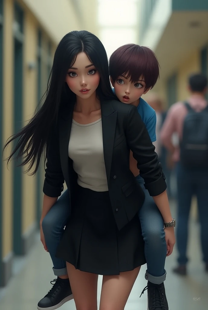 (photorealism:1.2) beautiful, made up, female bully, with long black hair, wearing black jacket and black skirt giving a piggyback ride to a thin teenage male with Blue shirt and maroon hair in a school.
Female on the bottom of the image
Male on the top of...