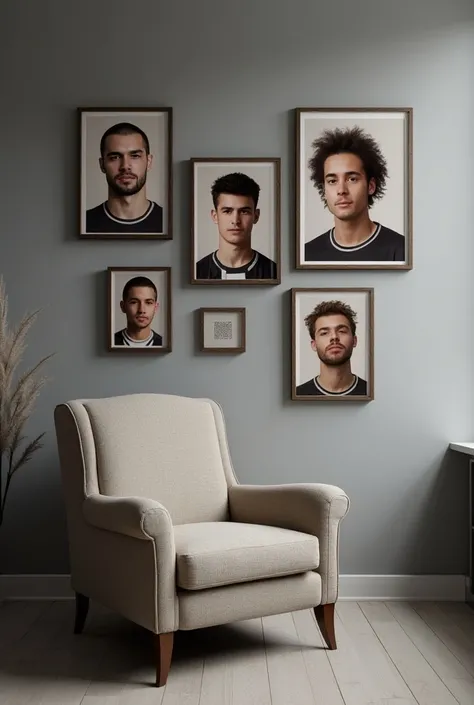 A nice chair with a wall hanging with pictures of the players behind it. The analysis of the results plate. 
جدار لونه رمادي صور كبيرة 5صور فقط 