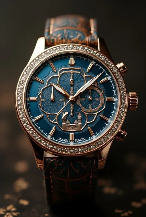 Make me stylish Muslim watches with mosque patterns, tiles and figures, be creative, fair and simple, and luxury watches.