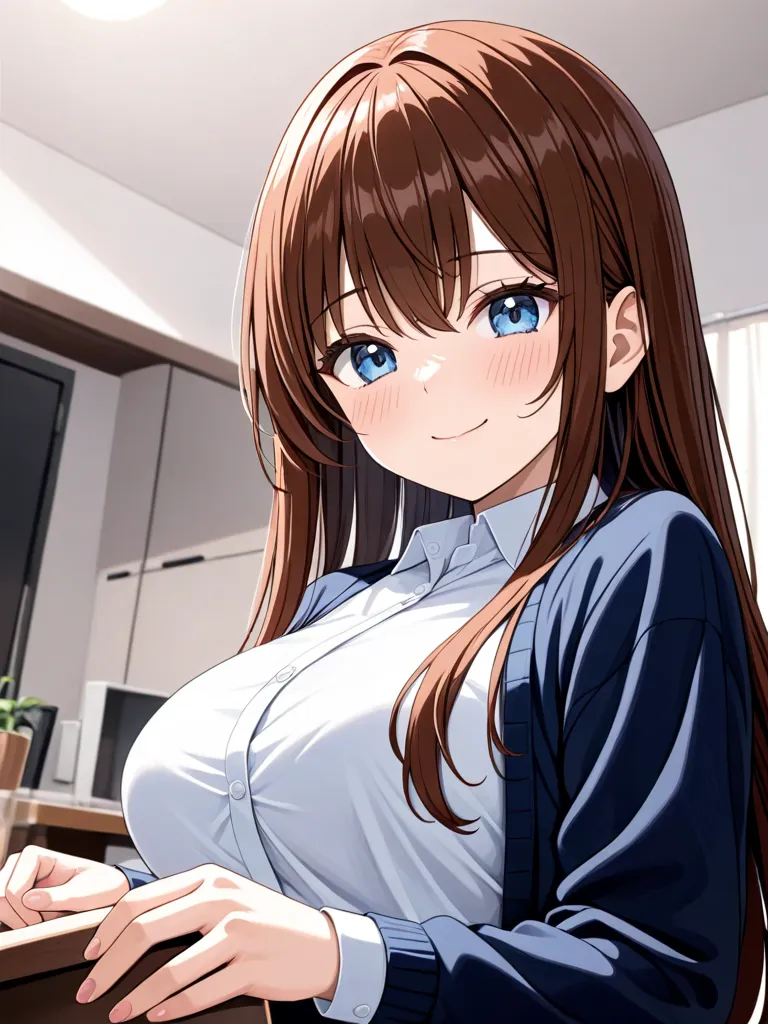 masterpiece, best quality, good quality, kururugiseina, 1girl, solo, brown hair, long hair, blue eyes, large breasts, smile, blu...