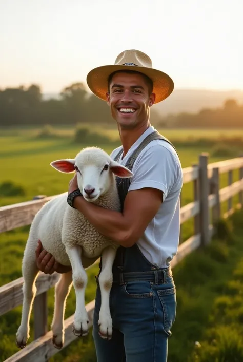 A rural scene on the farm with Cristiano Ronaldo,  the famous soccer player from Portugal ,  wearing a casual shirt and jeans ,  holding a sheep with love . Hes wearing a straw hat, typical of a farmer , and smiling at the camera. In the background,  there...