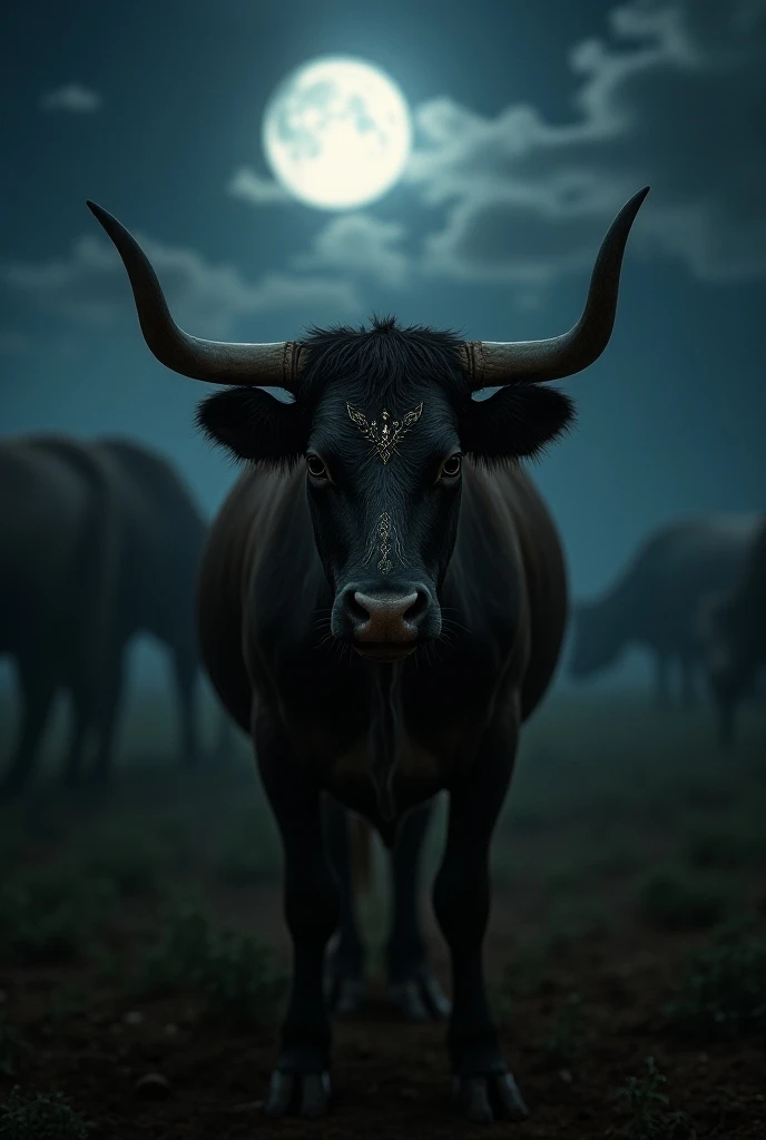 A farm at night ,  with the full moon shining and illuminating an ox with strange and shiny tattoos. He is standing still,  Staring intently at the camera ,  as distorted shadows form around it ,  creating a sense of mystery and danger 