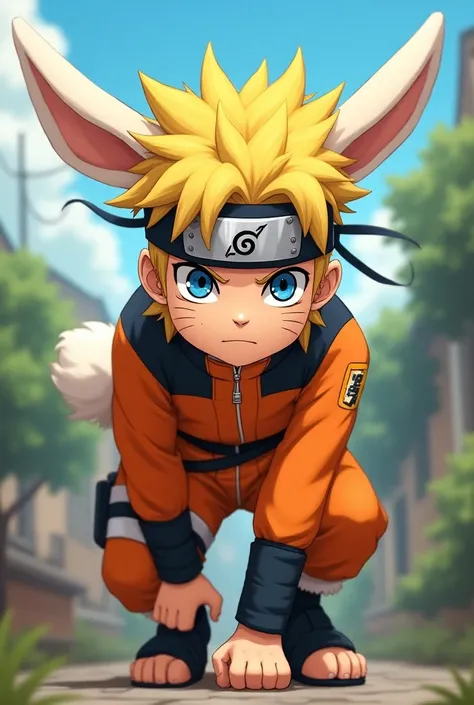 Imagine a character who is a hybrid of Naruto Uzumaki and a rabbit. This character has the unmistakable spiky blonde hair and whisker marks from Naruto, but their ears are long and floppy like a rabbits. They sport a ninja headband, but instead of a regula...