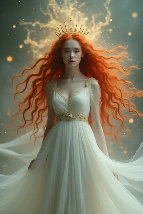 i want a infinite image of the back side (no face) of a young women with big button nose with a small bump, with red, curly long hair that looks like fire, white skin, wearing a long flowy dress that looks like water, and a beautifull delicut gold crown! m...