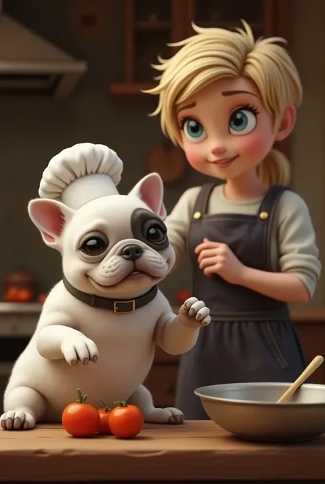  A white French bulldog with dark brown eyes, approximately  , In a rustic kitchen cooking, Realistic style photo, And with a cooks cap , along with an  with dark blond hair and blue-green eyes 