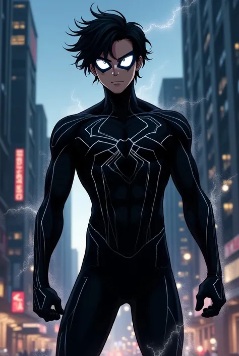 Spiderman Black without a mask anime version 

With black hair and with white eyes 