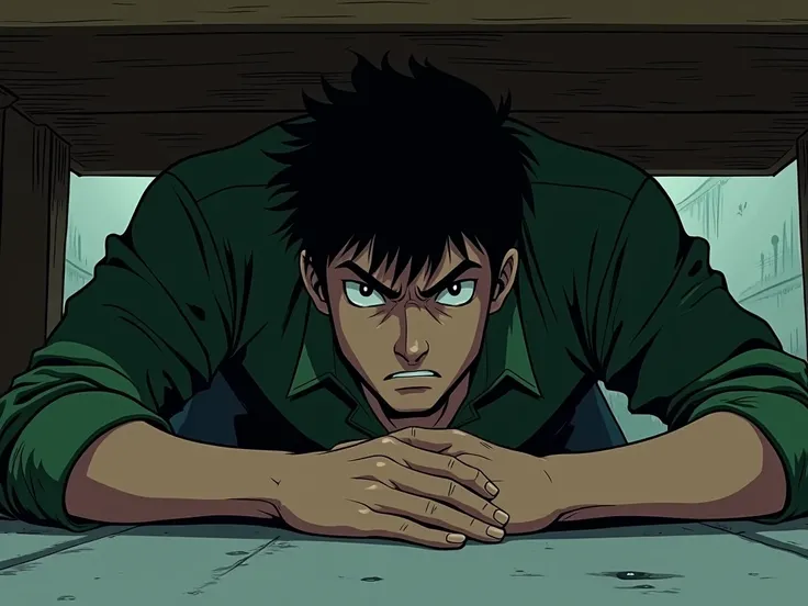 Overview of a dark-haired man, crouching, green shirt, Under a table . Escondido.  anime style, comic