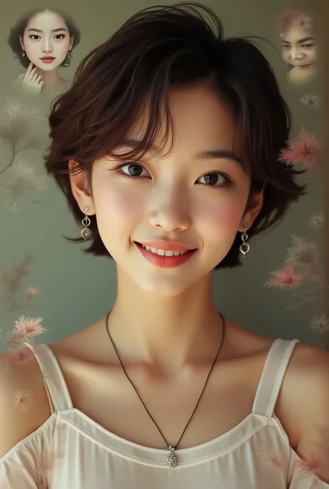 1girl, looking at viewer, smile, short hair, multiple girls, brown hair, holding, jewelry, earrings, parted lips, grin, multiple views, sleeveless shirt, real life insert, reference inset, photo inset, asian