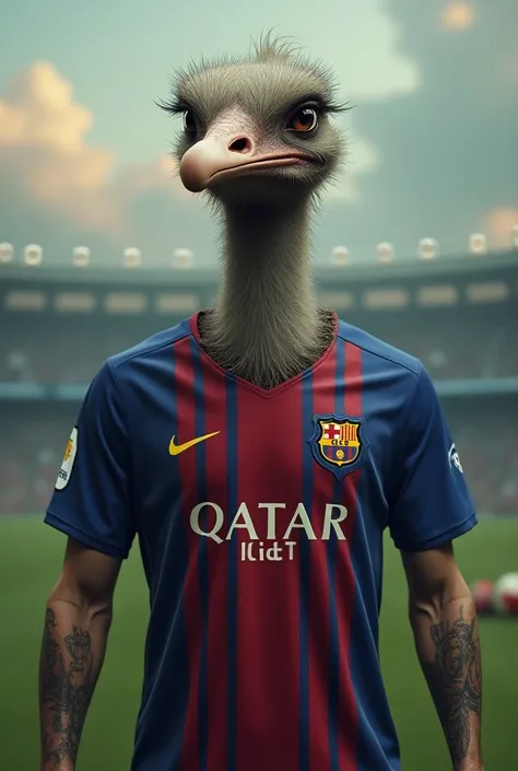 Messi wearing the Barcelona jersey in a merger with an ostrich becoming a monster 