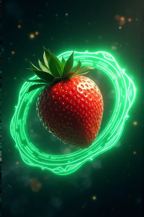 Create a strawberry logo with rings as if it were a planet in the universe with fluorescent green colors 
