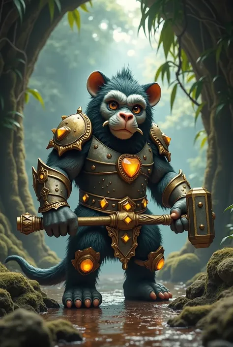  a super strong teenage boy with a big, heavy hammer massive  but not towering cute baby stone bear-gorilla in armor and is made out of stone, gold and diamond with golden elephant tusks and gemstone-like skin that glows and the body and paws of a bear and...