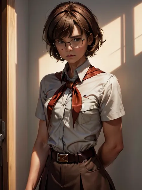 Realistic photography, masterpiece, photopaper effect, high quality, very young slim fit aesthetic muscular strong beautiful tomboy girl, small stature, full height, rounded face, (short shaggy disheveled brown hair:1.4), big dark brown eyes, glasses, seri...