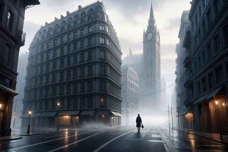 View of a person walking in an empty city with fog, Gray .