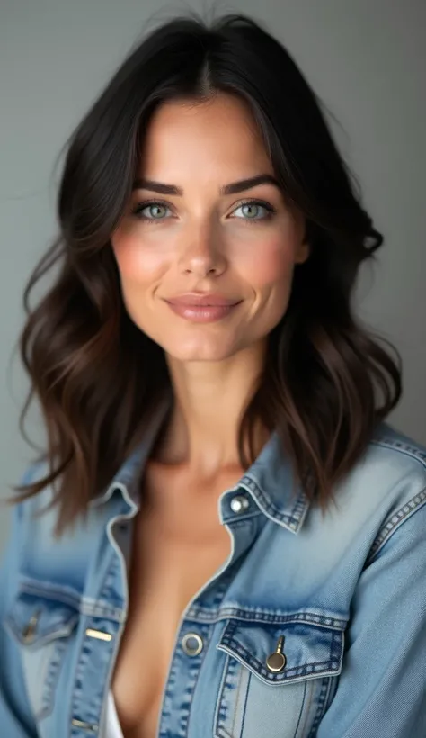 An attractive woman with dark hair and captivating blue eyes, posed in a portrait-style shot. She is wearing stylish, everyday clothes instead of professional news anchor attire, with a confident gaze while looking directly at the camera. Her hair is style...