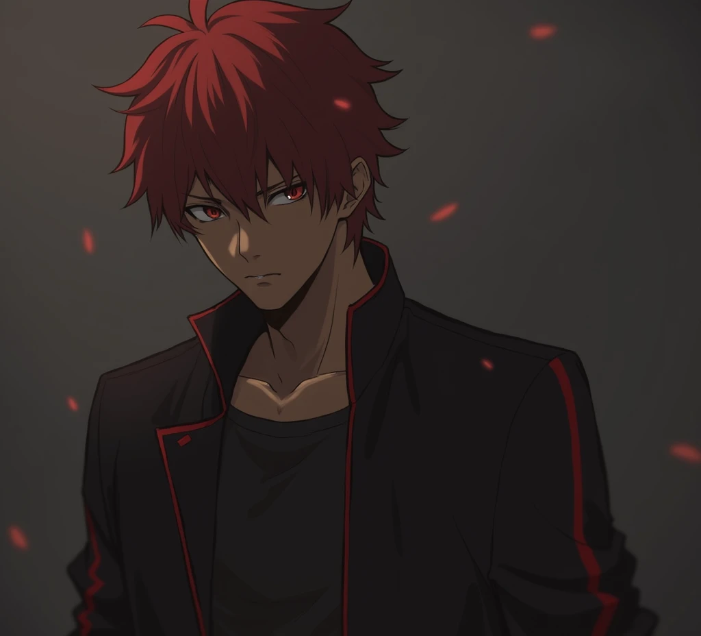  The image shows an anime character or digital illustration with red hair and serious expression.  He has penetrating eyes and is dressed in a black jacket and red details . the background is dark,  creating a dark and dramatic environment surrounding the ...