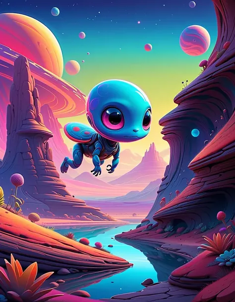 An alien landscape bursting with vibrant colors and whimsical features would captivate the imagination in a POP Illustration. The scene would depict a cute alien creature, with round, expressive eyes, playfully exploring the pleasantly strange terrain. The...