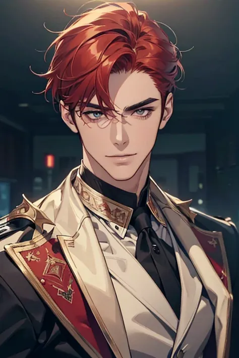 1 man, male focus, tall muscular, handsome, extremely detailed face, short hair, smile, suit, portrait, realistic, (best quality, 4k, 8k, highres, masterpiece:1.2), (ultra-detailed:1.3), red hair, [thick eyebrows:0.5]