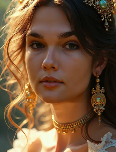 a beautiful and elegant woman with an ethereal, heavenly presence, intricate ornaments and jewelry, ornate dress, dramatic lighting, glowing skin, beautiful detailed eyes, beautiful detailed lips, extremely detailed face and features, long eyelashes, photo...