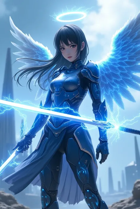 Teen japanese girl with technological blue iron armor from the future. Large Glowing Angel wings, shield of the future, Lightning sword. With a halo on the head