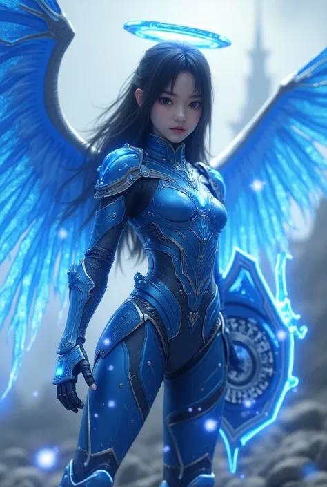 Teen japanese girl with technological blue iron armor from the future. Large Glowing Angel wings, shield of the future, Lightning sword. With a halo on the head