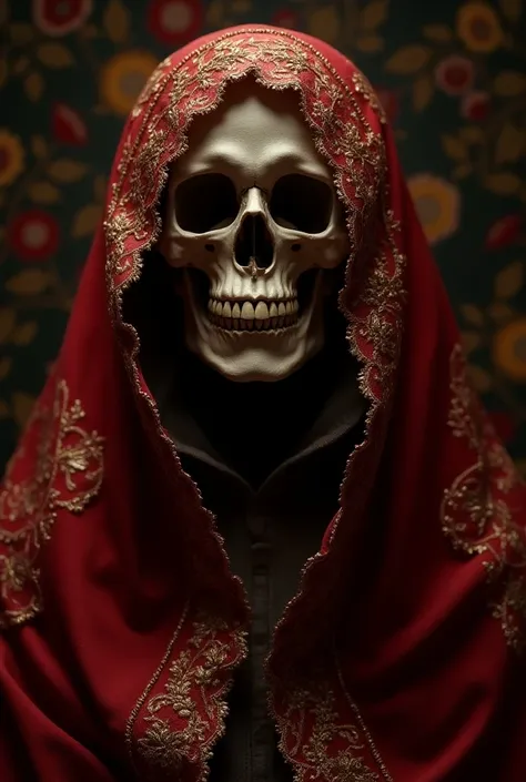 intricate detailed grim reaper skull wearing red Indian bridal veil, ultra-detailed gold embroidered borders, floral embroidered fabric background, dark moody atmosphere, highly realistic, award winning digital art, masterpiece, 8k, photorealistic, volumet...