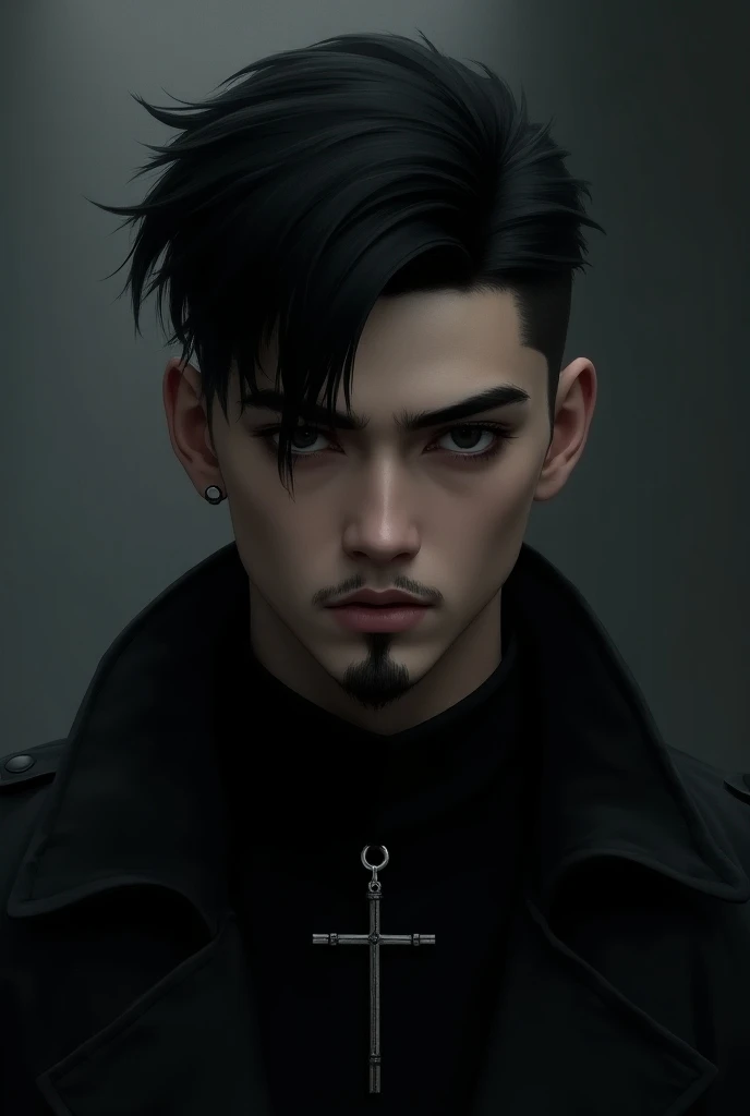  Create a 19-year-old ,  Wolf CUT style black hair , with goatee mustache ,  a crucifix scarf and black clothes, black eyes,  half-straight black eyebrow  