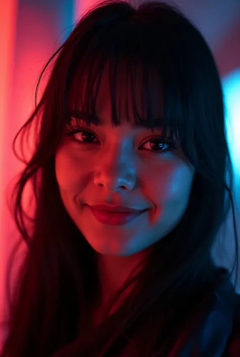 RAW Photo, a cyberpunk portrait, intriguing face, smiling woman with a raised eyebrow, future technology, retro technology, science fiction, with neon lights, deep darkness, soft and vivid colors, hard light, caustic light patterns, tracing rays, rich and ...