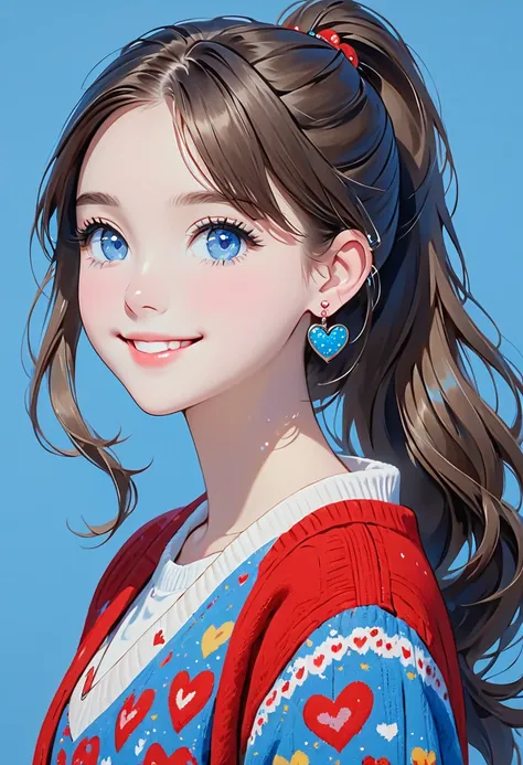 this is a painting of a very cute girl with heart earrings, 1girl, solo, heart, blue eyes, jewelry, earrings, looking at viewer, blue background, ponytail, smile, sweater, heart earrings, long hair, simple background