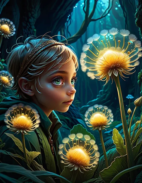 1 elfin protozoa, surreal dandelion wanderer, agate geodes, by Dan Mumford, Dr. Seuss, WLOP style, dandelion seer, flower virus, big detailed eyes, intricate details, cinematic lighting, vibrant colors, fantasy, dreamlike, ethereal, whimsical, magical real...