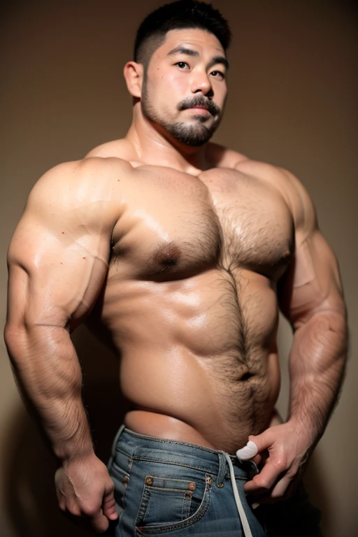 Japanese middle-age male, buzzcut, short goatee, bulky, muscler man, thick body