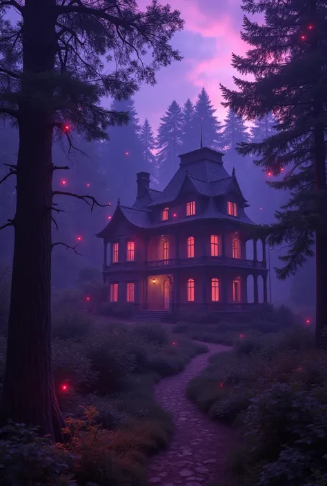 a big house in the forest of red violet lights 
twilight