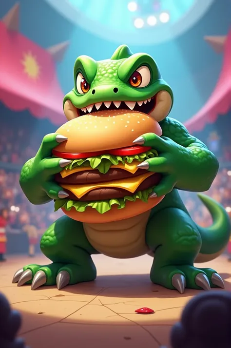 Draco from the game Brawl stars eating a full hamburger 