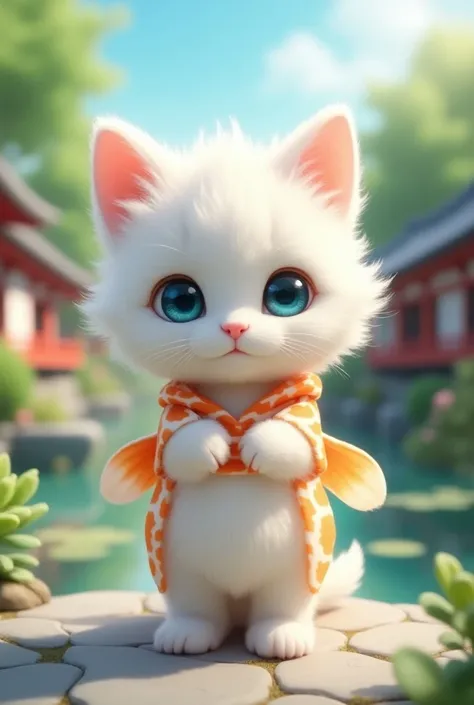  cute white kitten 、 Standing Upright on Two Legs 、 round eyes 、Eyes are clear blue 、 koi-shaped costume、Japanese garden background、3d、Illustration