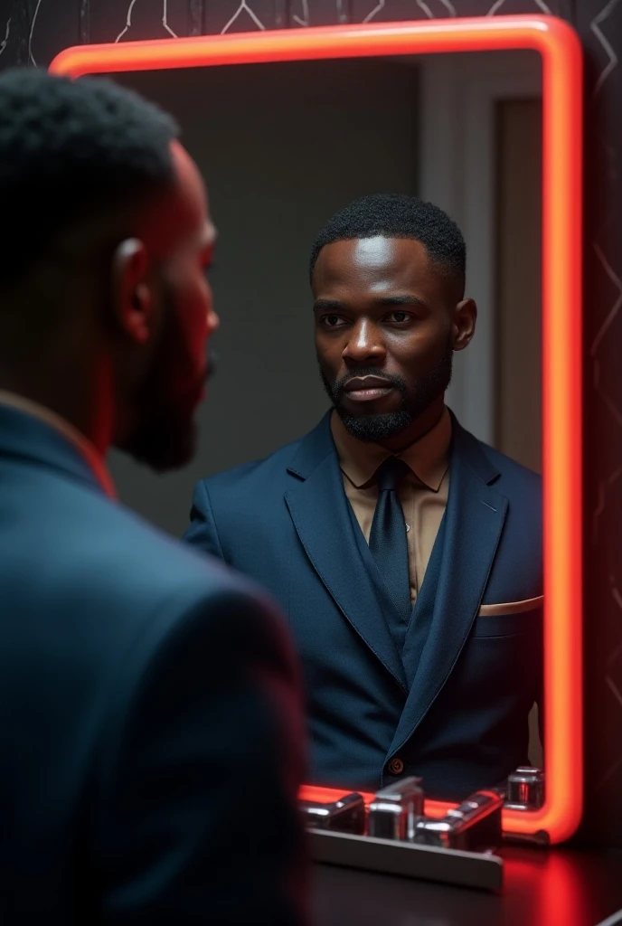 An ugly black man looking in the mirror but his reflection is a handsome black man with a smart face,  with frame of colored LED lights. Touch screen ,  with 360º protection plus focus on the mirror, in an elegant room 