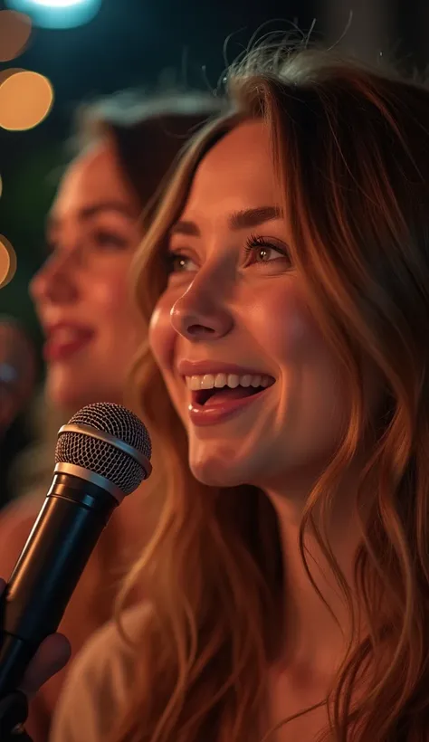  create cheerful publicity ,  for Bar Teddies-Edinho  ,  with university students singing ,  a blond woman with light eyes in front of the microphone and another brunette woman in believer at a microphone.  good lighting on women ,  poor lighting in the ba...