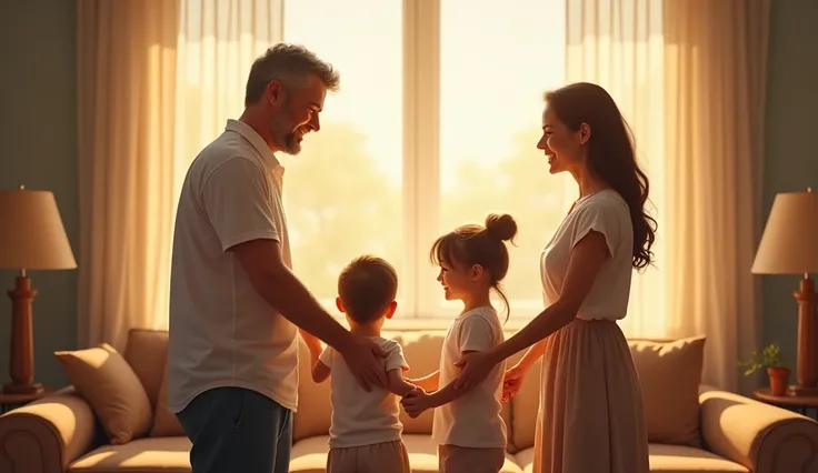  A family gathered hand in hand in a living room illuminated by sunlight, with faces of peace and joy .  It represents unity and protection over homes and families .