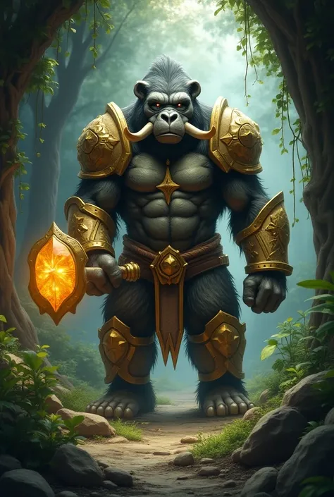  a super strong teenage boy with a big, heavy hammer massive baby stone bear-gorilla in armor and is made out of stone, gold and diamond with golden elephant tusks and gemstone-like skin that glows and the body and paws of a bear and it has a long tail tha...