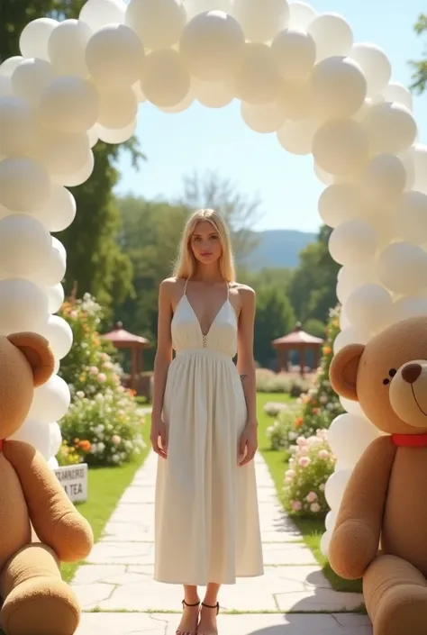  Create an image of a woman ,taking selfies from top to bottom  ,  at an entrance of a white balloon arch next to the ardo on both sides there are giant light brown teddy bears ,  in the background a large open garden decorated with revelation tea ,  next ...