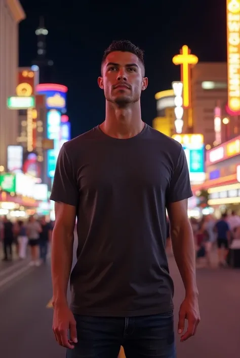  An ultra realistic image of Cristiano Ronaldo ,  the famous soccer player from Portugal , in the vibrant center of Las Vegas . He&#39;s in the middle of the street,  with the famous casinos and bright lights in the background .  Ronaldo is casually dresse...