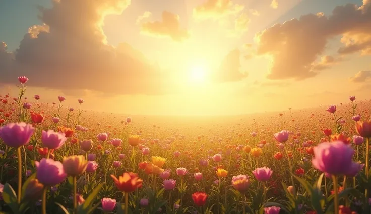  A vast field with colorful flowers at dawn, symbolizing renewal,  the beauty of Gods creation , and a new beginning .  Rays of light cross the field ,  giving a sense of peace and divine presence .