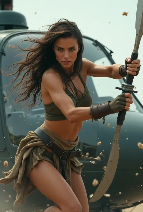 A beautiful warrior woman, brown hair, loincloth, breaking the canopy glass on a helicopter with a kick, shattered glass, parts, smoke coming from the helicopter 