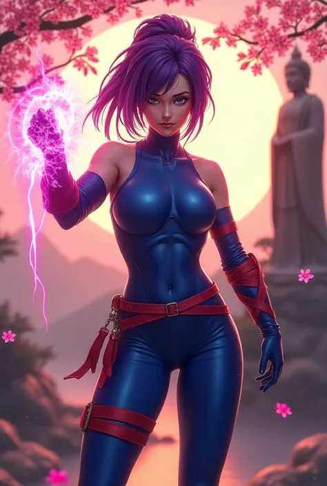 Psylocke Japanese May blue red band around the waist with x bands and ties blue on the legs and arms purple hair energy power pink pointed shape on one hand temple samurai cherry blossom Buddha orange sky sunset character of the X-Men