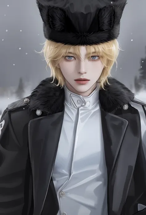 boy, Light yellow hair , Blue eyes,  sharp features ,  white skin, ( Soviet fur hat covering black ears and black bike beep), While its snowing , battleground, Soviet soldier , (( black fur coat )), All clothes are black 